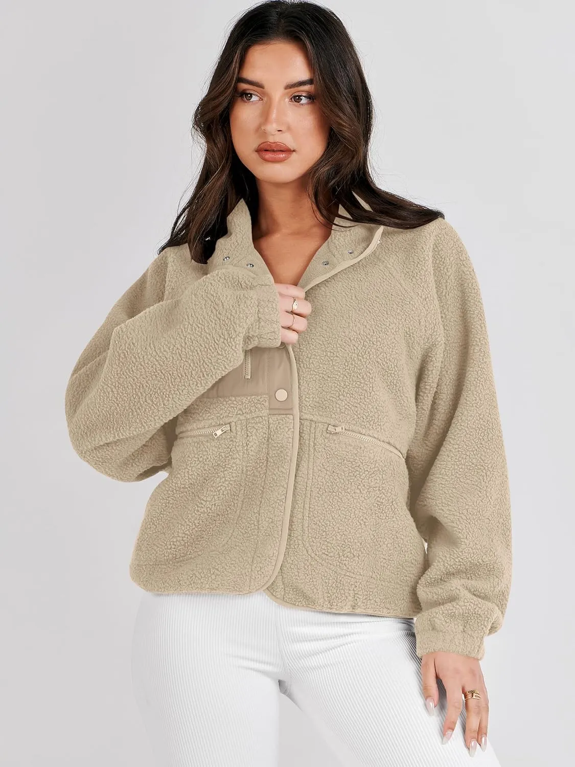 ANRABESS Womens Fuzzy Fleece Jacket Fall Casual Long Sleeve Cropped Sherpa Button Down Shacket Coats Outwear With Pockets