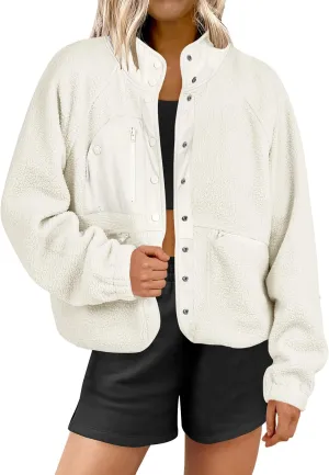 ANRABESS Womens Fuzzy Fleece Jacket Fall Casual Long Sleeve Cropped Sherpa Button Down Shacket Coats Outwear With Pockets