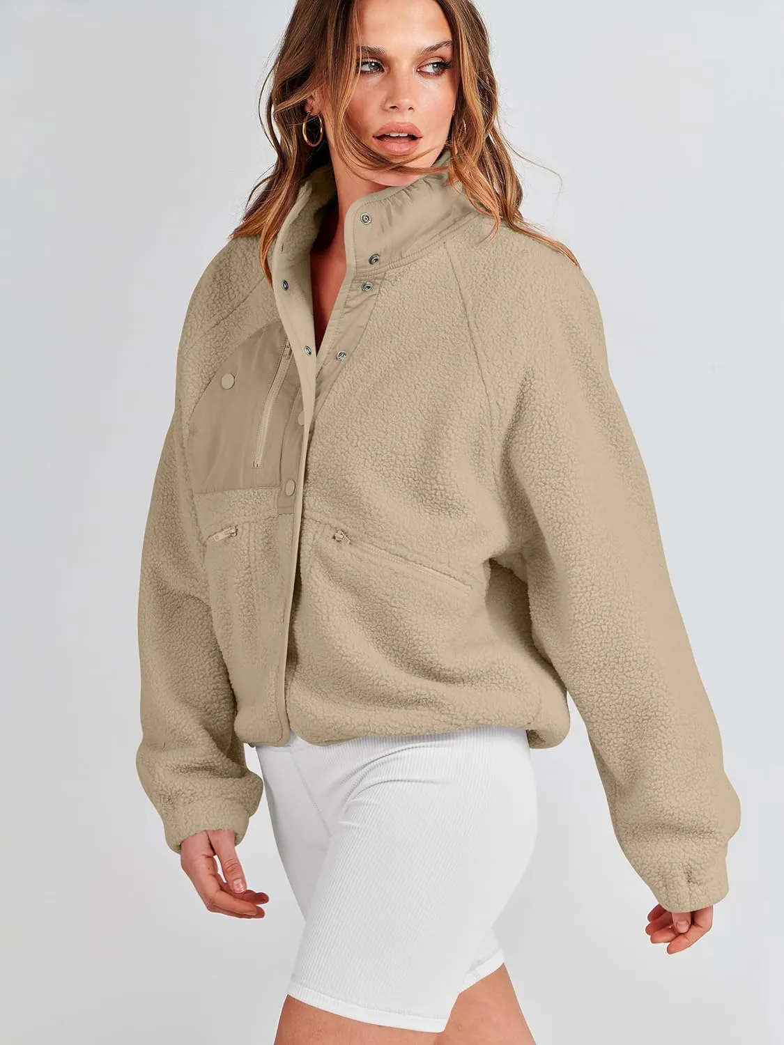 ANRABESS Womens Fuzzy Fleece Jacket Fall Casual Long Sleeve Cropped Sherpa Button Down Shacket Coats Outwear With Pockets