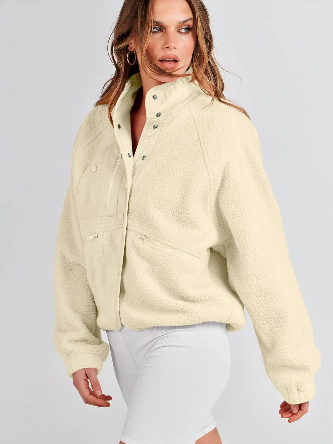 ANRABESS Womens Fuzzy Fleece Jacket Fall Casual Long Sleeve Cropped Sherpa Button Down Shacket Coats Outwear With Pockets