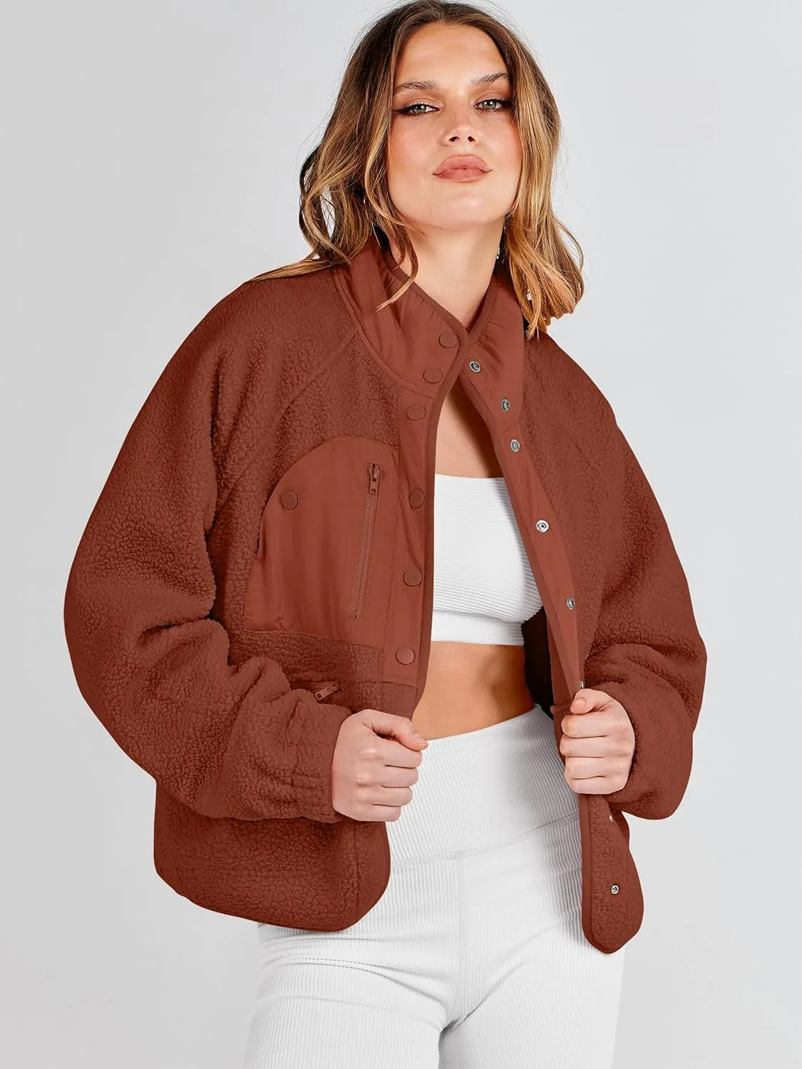 ANRABESS Womens Fuzzy Fleece Jacket Fall Casual Long Sleeve Cropped Sherpa Button Down Shacket Coats Outwear With Pockets