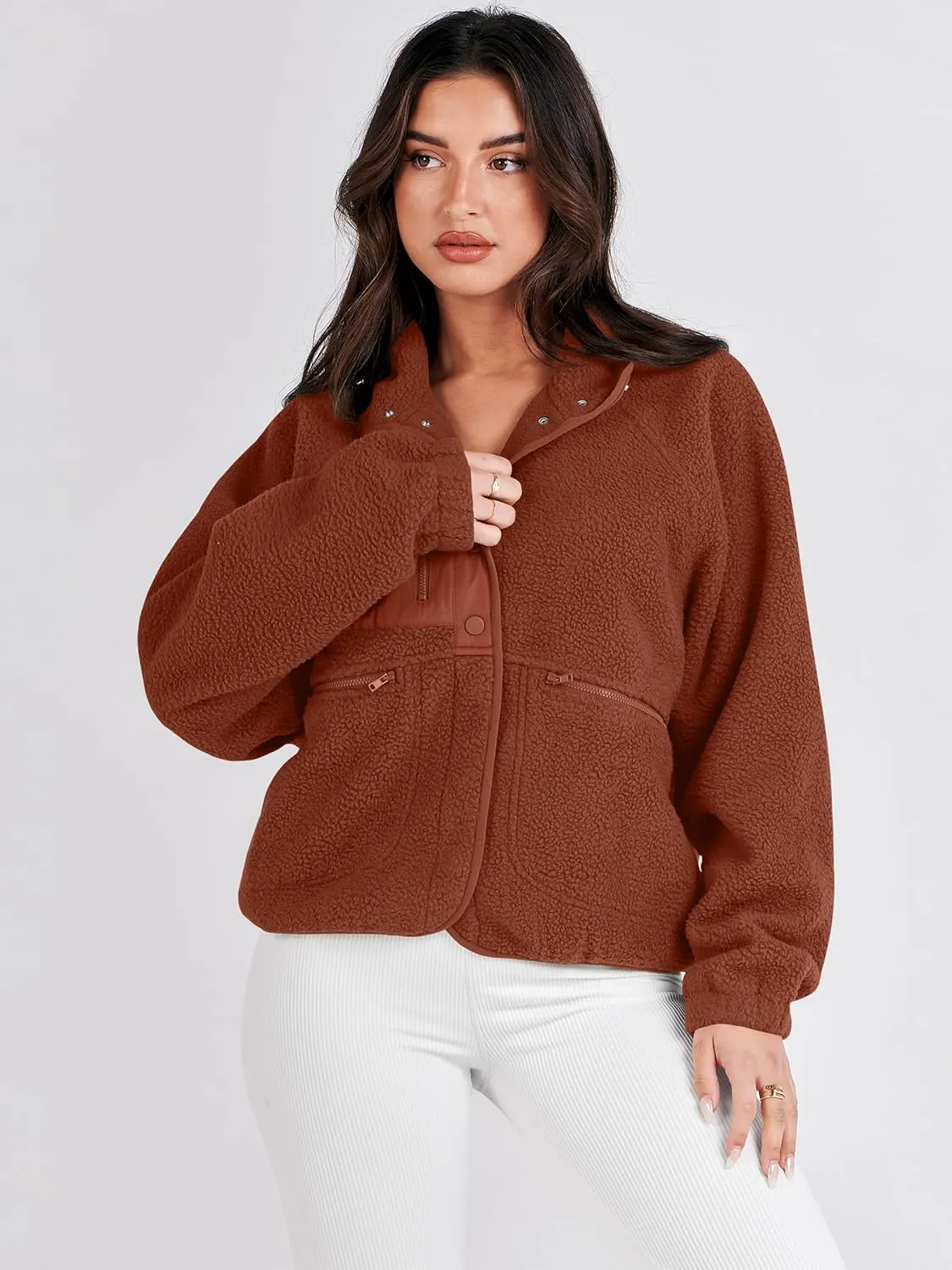 ANRABESS Womens Fuzzy Fleece Jacket Fall Casual Long Sleeve Cropped Sherpa Button Down Shacket Coats Outwear With Pockets