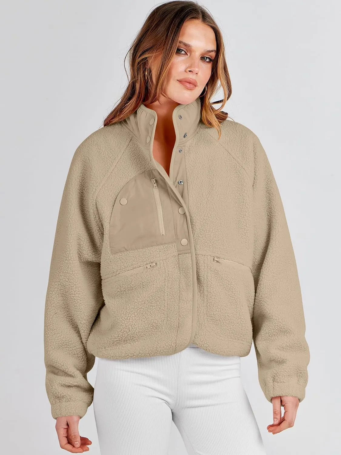 ANRABESS Womens Fuzzy Fleece Jacket Fall Casual Long Sleeve Cropped Sherpa Button Down Shacket Coats Outwear With Pockets