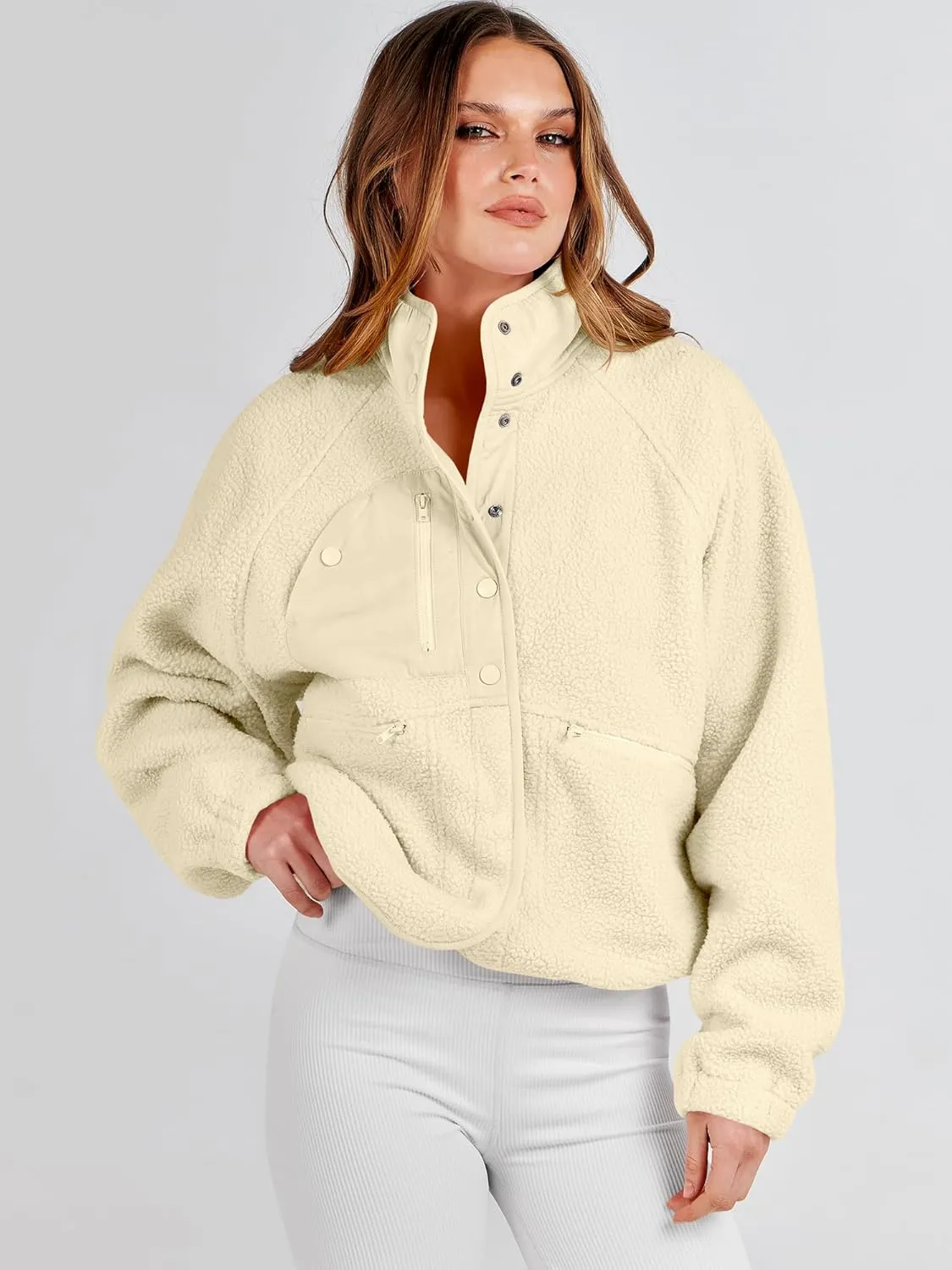 ANRABESS Womens Fuzzy Fleece Jacket Fall Casual Long Sleeve Cropped Sherpa Button Down Shacket Coats Outwear With Pockets