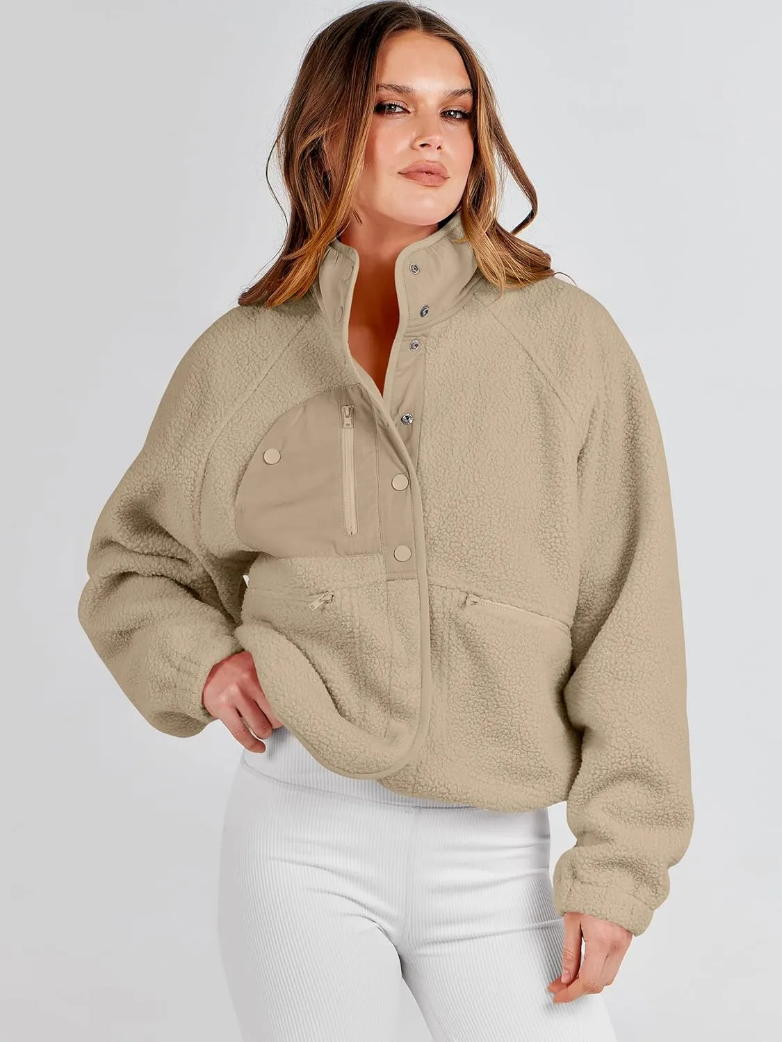 ANRABESS Womens Fuzzy Fleece Jacket Fall Casual Long Sleeve Cropped Sherpa Button Down Shacket Coats Outwear With Pockets
