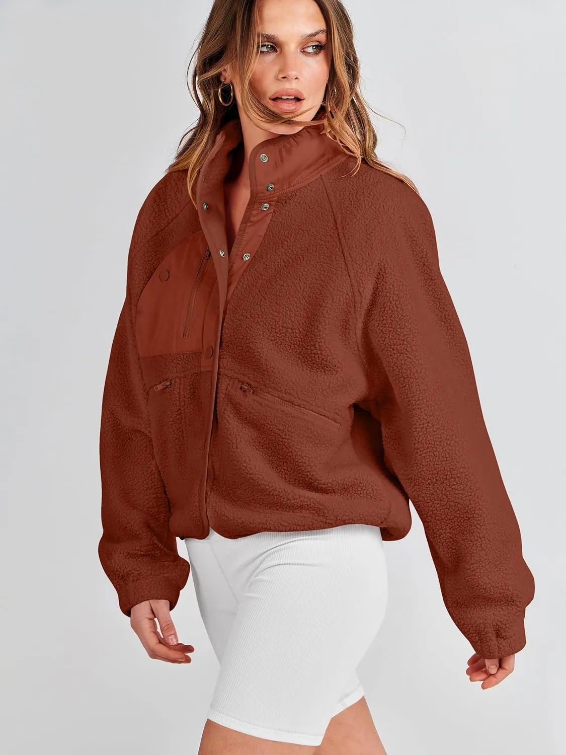 ANRABESS Womens Fuzzy Fleece Jacket Fall Casual Long Sleeve Cropped Sherpa Button Down Shacket Coats Outwear With Pockets