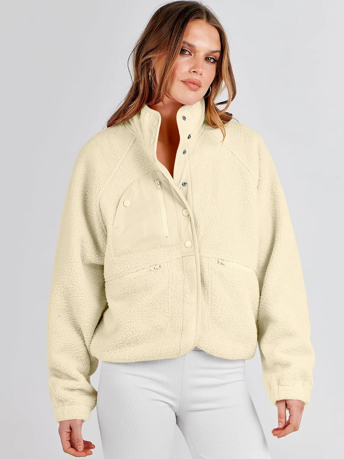 ANRABESS Womens Fuzzy Fleece Jacket Fall Casual Long Sleeve Cropped Sherpa Button Down Shacket Coats Outwear With Pockets