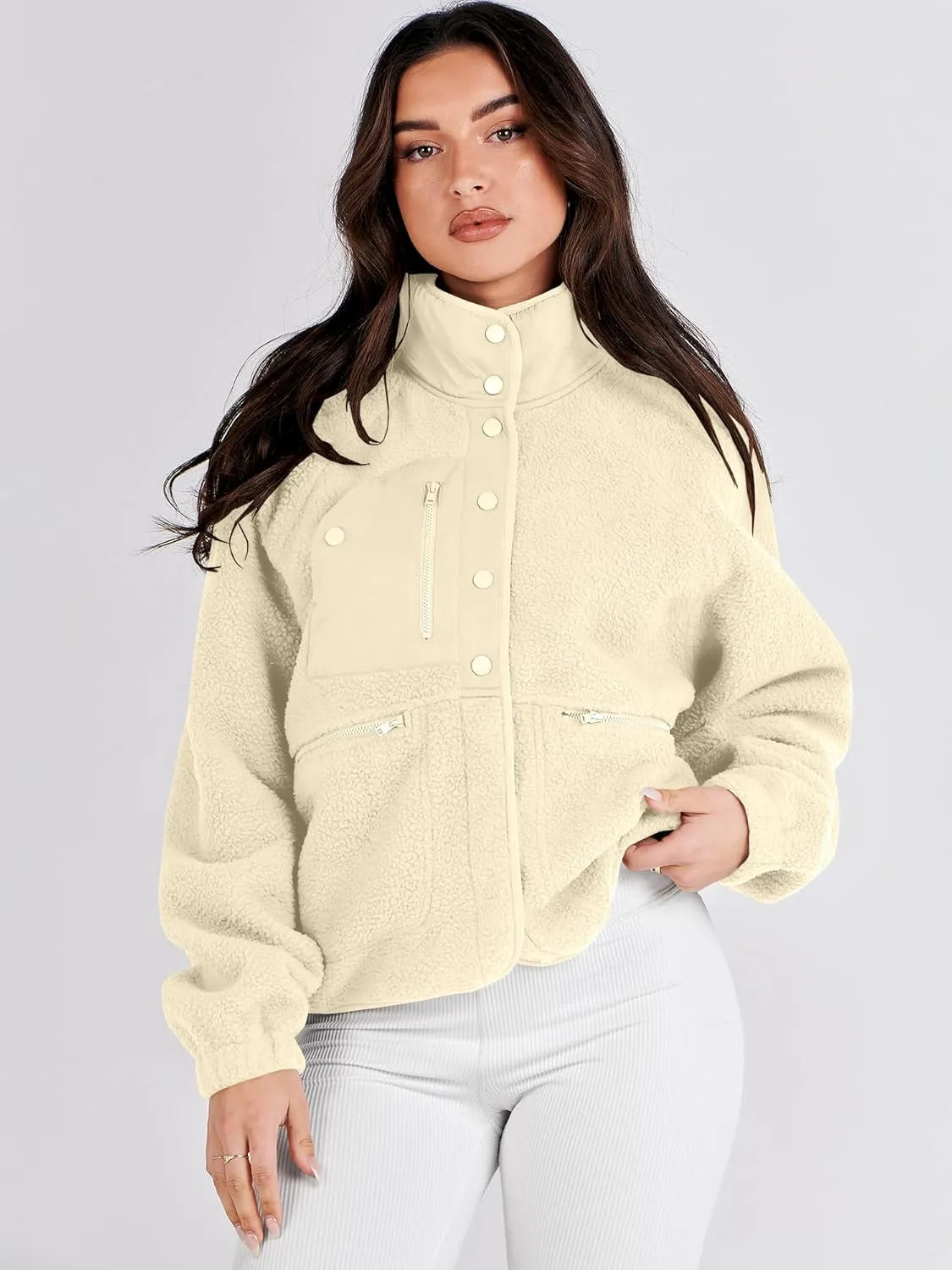 ANRABESS Womens Fuzzy Fleece Jacket Fall Casual Long Sleeve Cropped Sherpa Button Down Shacket Coats Outwear With Pockets