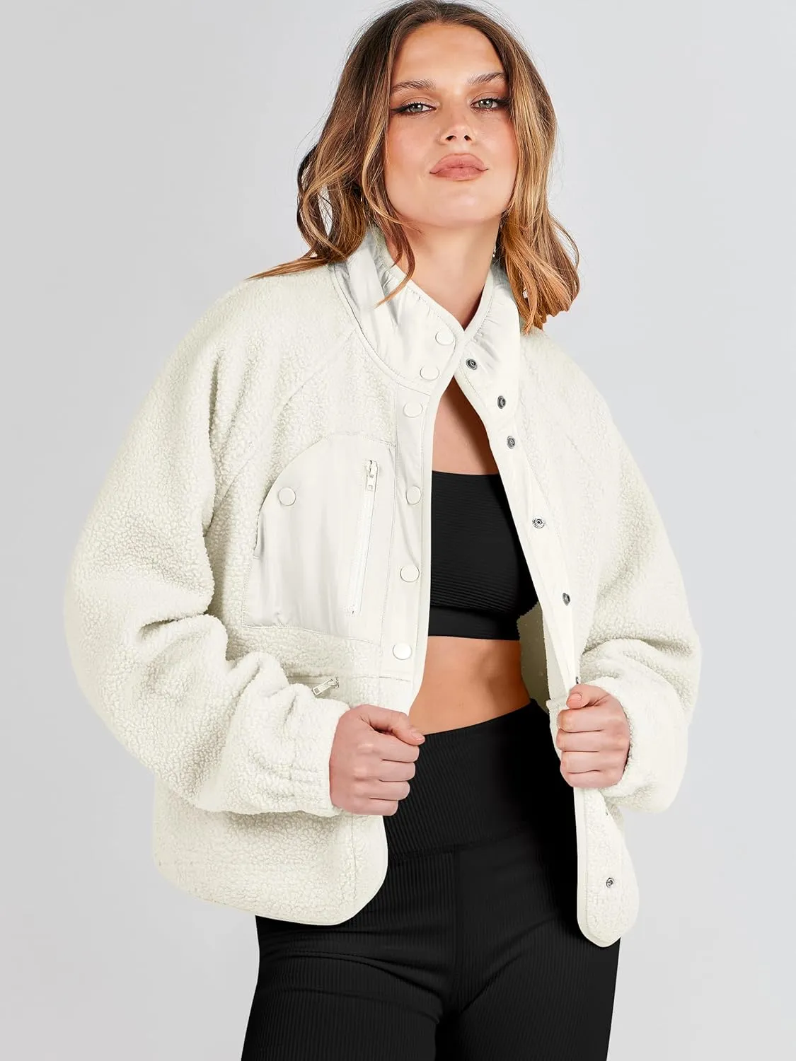 ANRABESS Womens Fuzzy Fleece Jacket Fall Casual Long Sleeve Cropped Sherpa Button Down Shacket Coats Outwear With Pockets