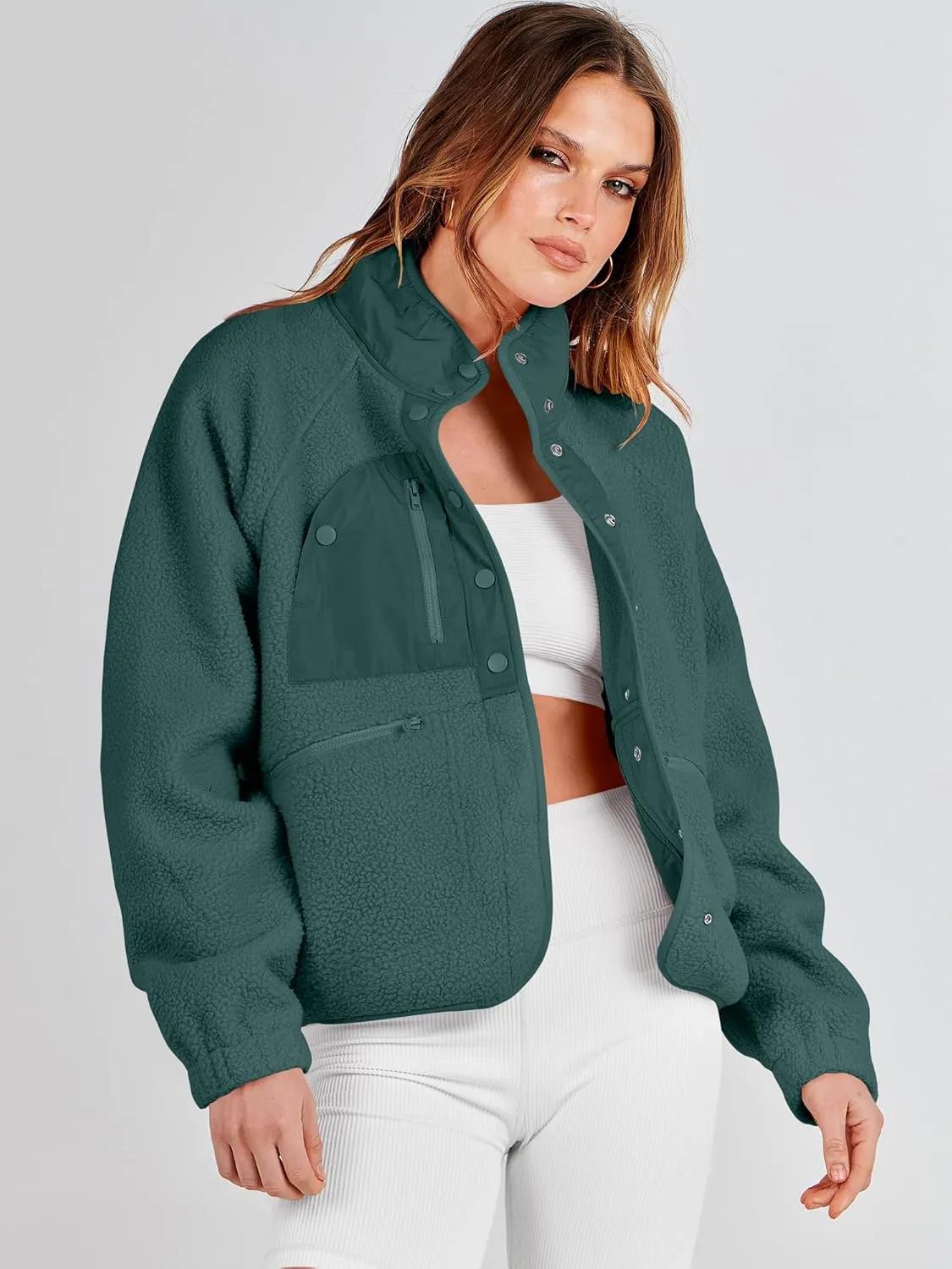 ANRABESS Womens Fuzzy Fleece Jacket Fall Casual Long Sleeve Cropped Sherpa Button Down Shacket Coats Outwear With Pockets