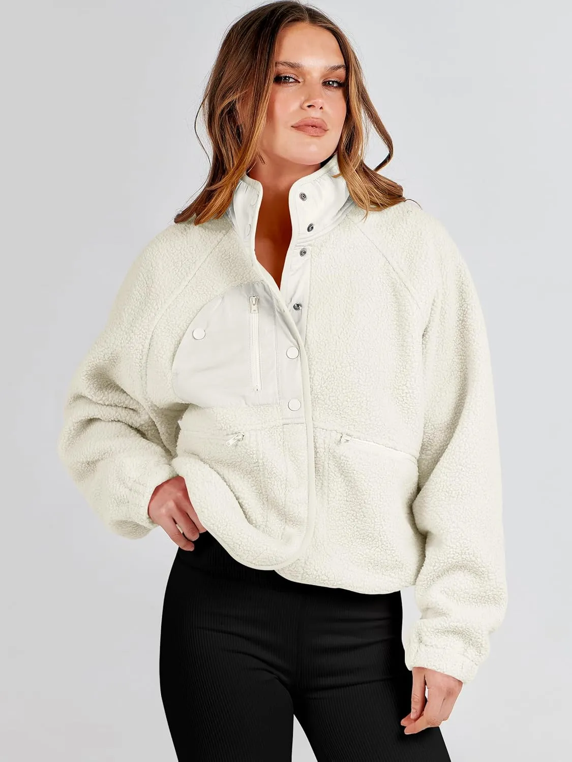 ANRABESS Womens Fuzzy Fleece Jacket Fall Casual Long Sleeve Cropped Sherpa Button Down Shacket Coats Outwear With Pockets