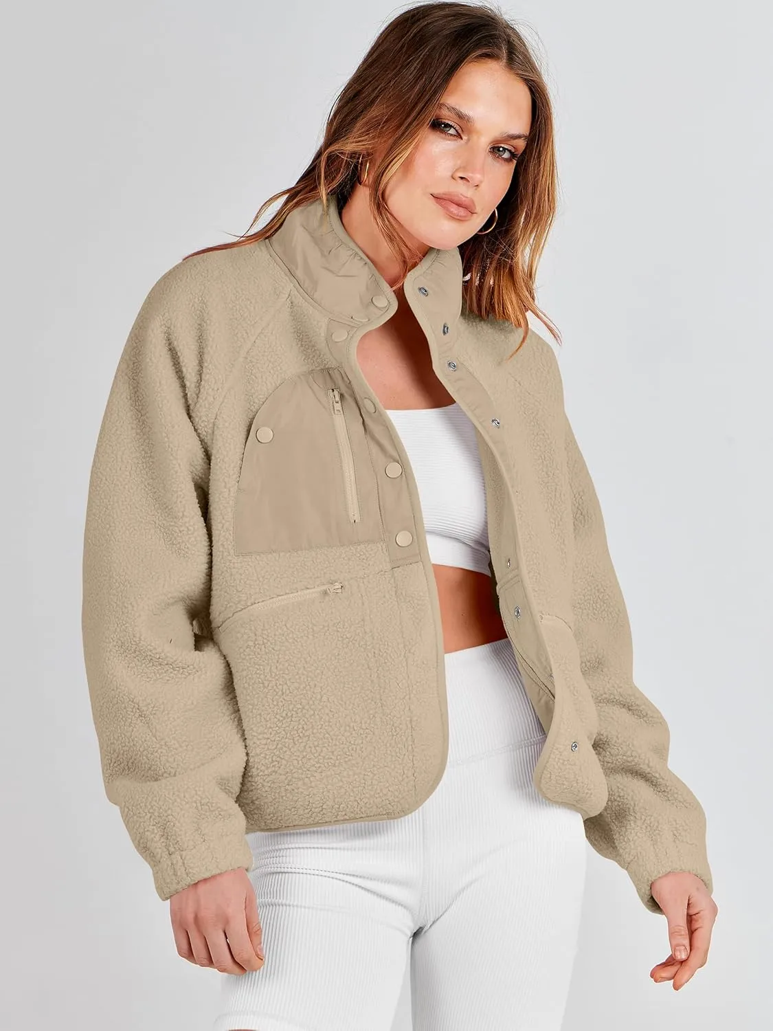 ANRABESS Womens Fuzzy Fleece Jacket Fall Casual Long Sleeve Cropped Sherpa Button Down Shacket Coats Outwear With Pockets