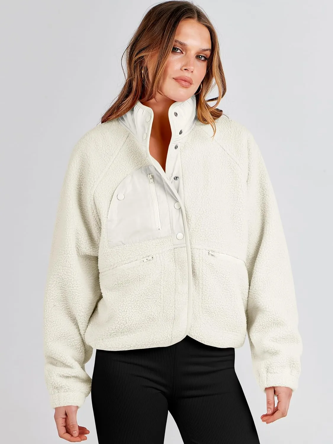 ANRABESS Womens Fuzzy Fleece Jacket Fall Casual Long Sleeve Cropped Sherpa Button Down Shacket Coats Outwear With Pockets