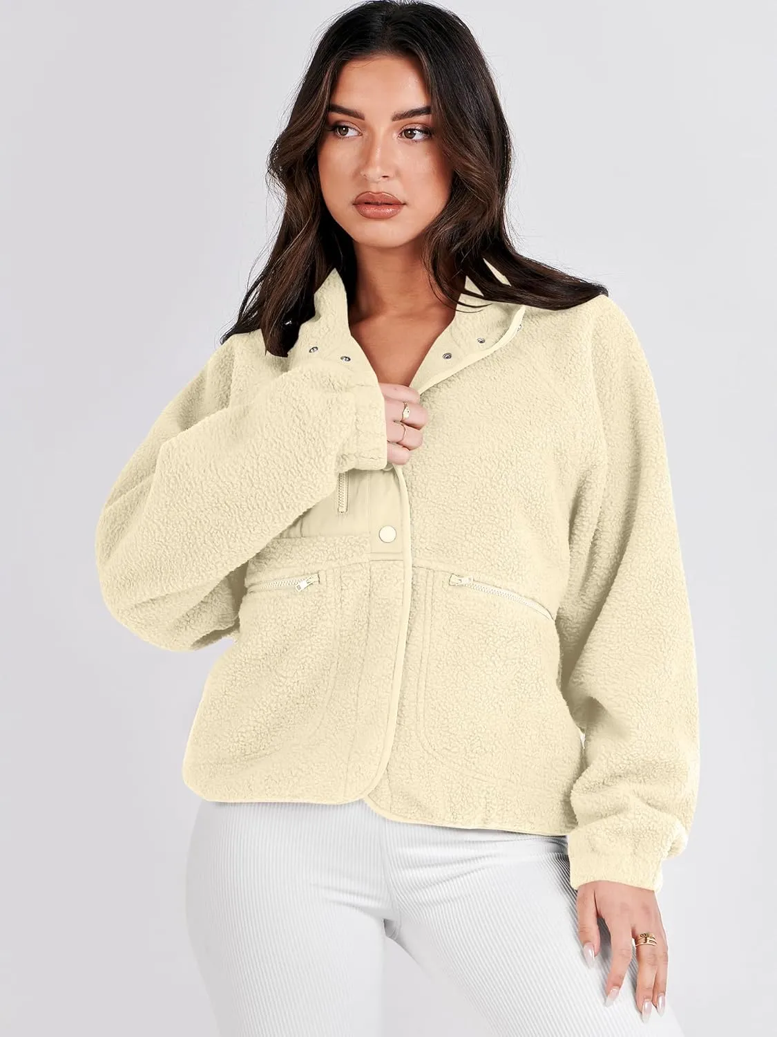 ANRABESS Womens Fuzzy Fleece Jacket Fall Casual Long Sleeve Cropped Sherpa Button Down Shacket Coats Outwear With Pockets