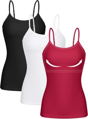 ATTRACO Women 3 Pack Cotton Camisoles wtih Shelf Bra Adjustable Spaghetti Strap Tank Tops