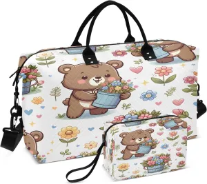 Bear and Flower Bucket Travel Duffel Bags with Toiletry Bag for Travel Gym Yoga Weekender Bag