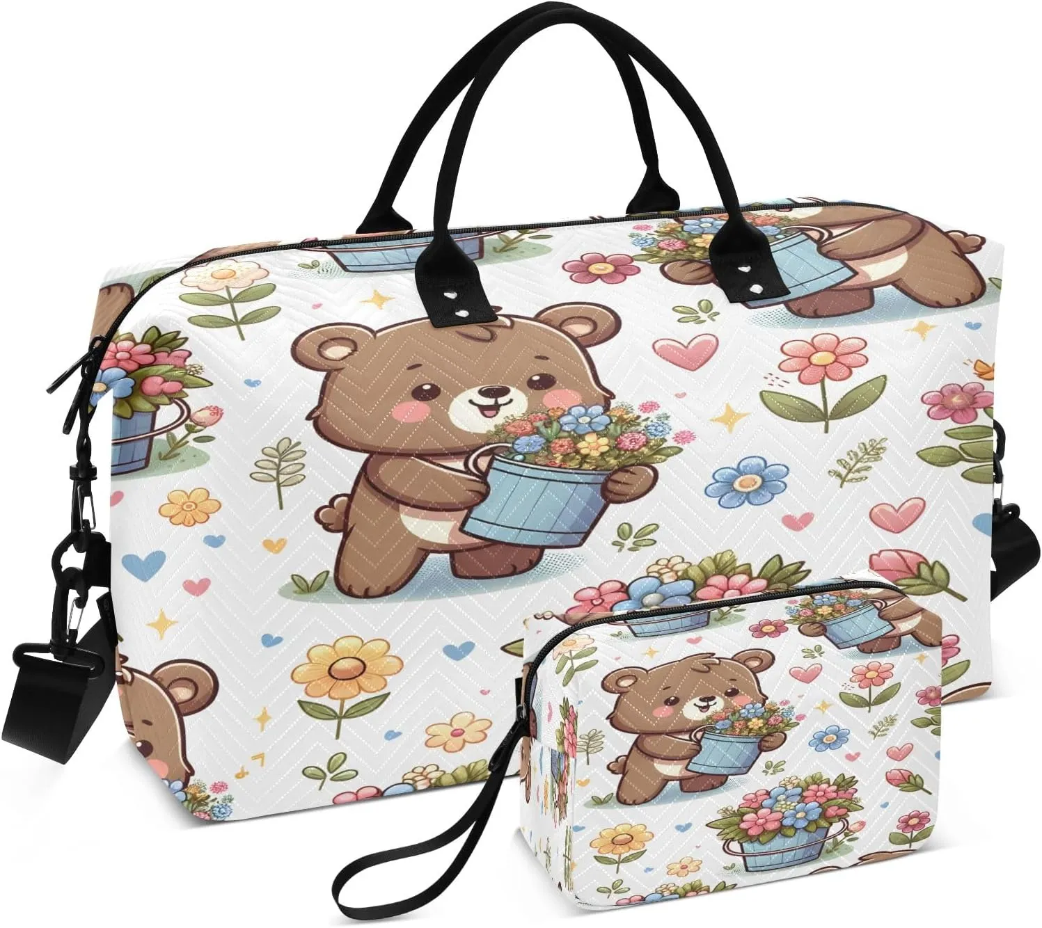 Bear and Flower Bucket Travel Duffel Bags with Toiletry Bag for Travel Gym Yoga Weekender Bag
