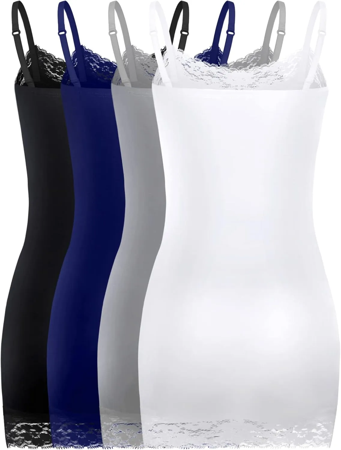 Bencailor 4 Pack Women's Long Tank Tops, Lace Camisole Neck Cami Adjustable Spaghetti Strap Undershirts for Women