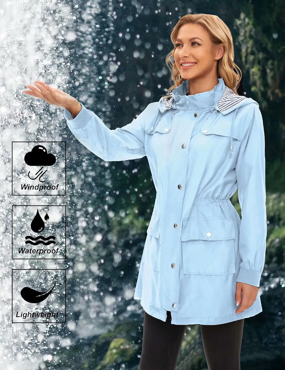 Bloggerlove Rain Jacket Women Lightweight Raincoat Waterproof Windbreaker Striped Climbing Outdoor Hooded Trench Coats S-XXL