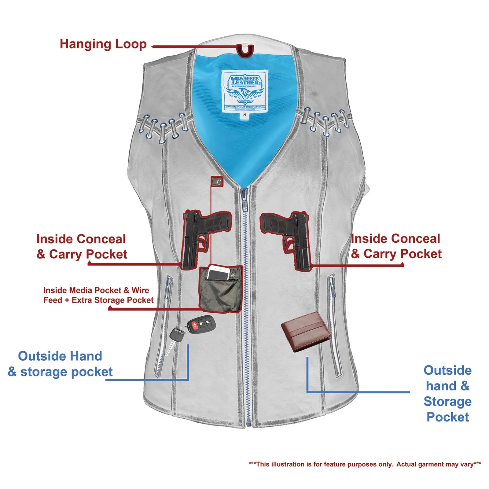 BROWN MLL4527 Women's Distress Brown Leather Motorcycle Rider Vest- Stretch Side Panel W/ Lacing Detail