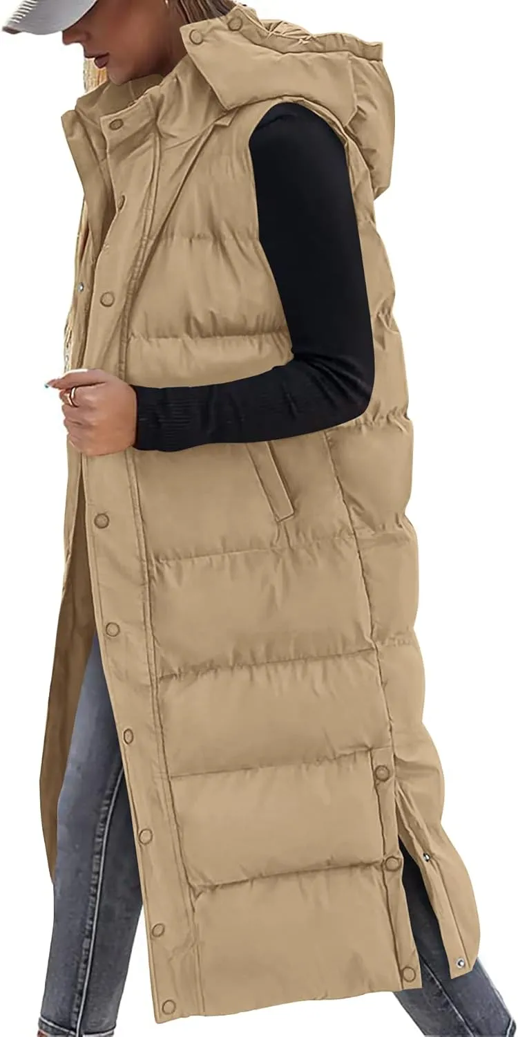 BTFBM Long Puffer Vest Women Quilted Hooded Button Down Zip Up Sleeveless Vests Outerwear Padded Jacket Fall Winter Coat