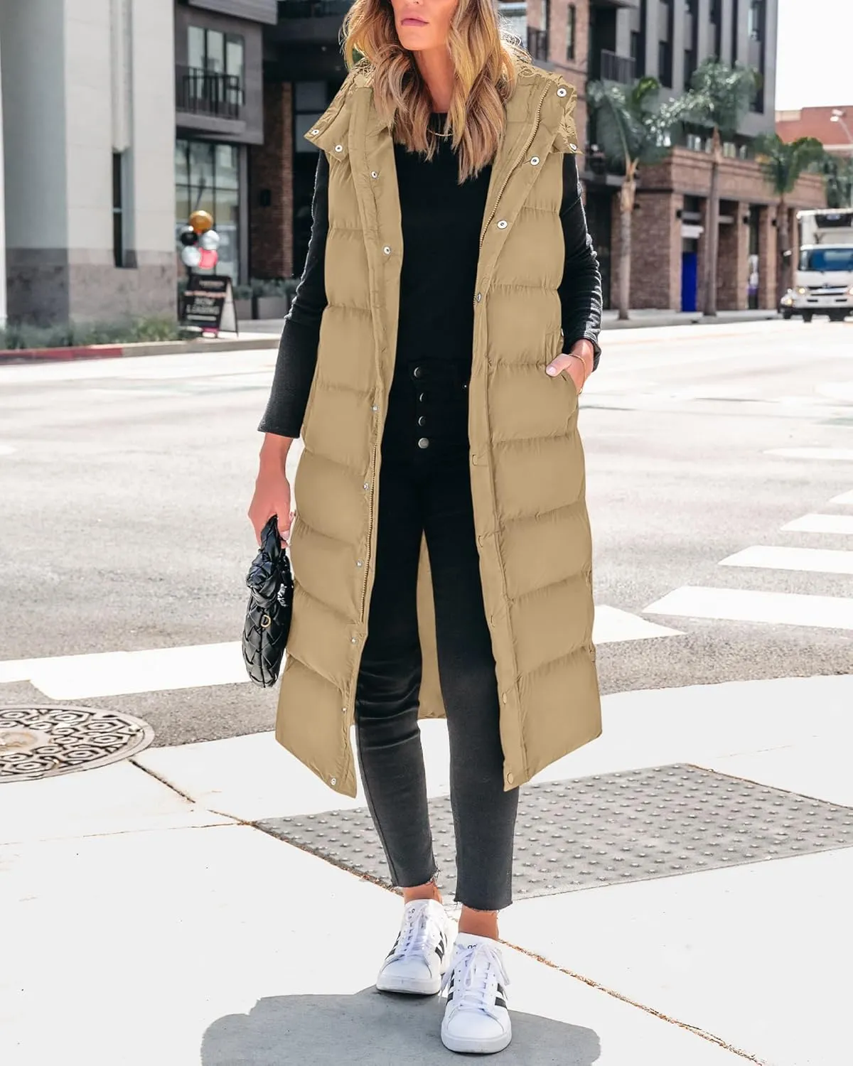 BTFBM Long Puffer Vest Women Quilted Hooded Button Down Zip Up Sleeveless Vests Outerwear Padded Jacket Fall Winter Coat
