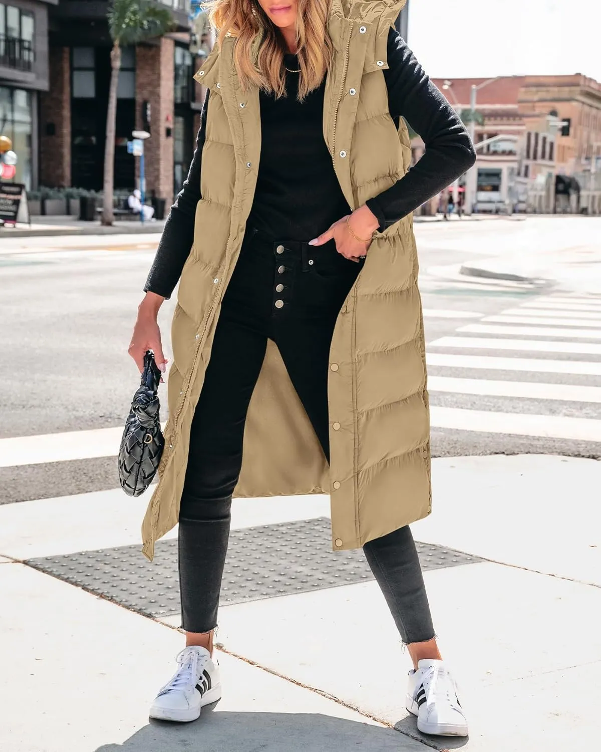 BTFBM Long Puffer Vest Women Quilted Hooded Button Down Zip Up Sleeveless Vests Outerwear Padded Jacket Fall Winter Coat
