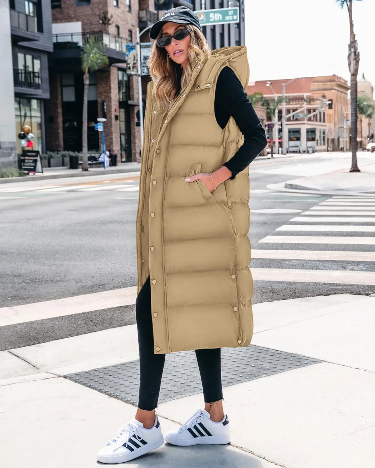 BTFBM Long Puffer Vest Women Quilted Hooded Button Down Zip Up Sleeveless Vests Outerwear Padded Jacket Fall Winter Coat