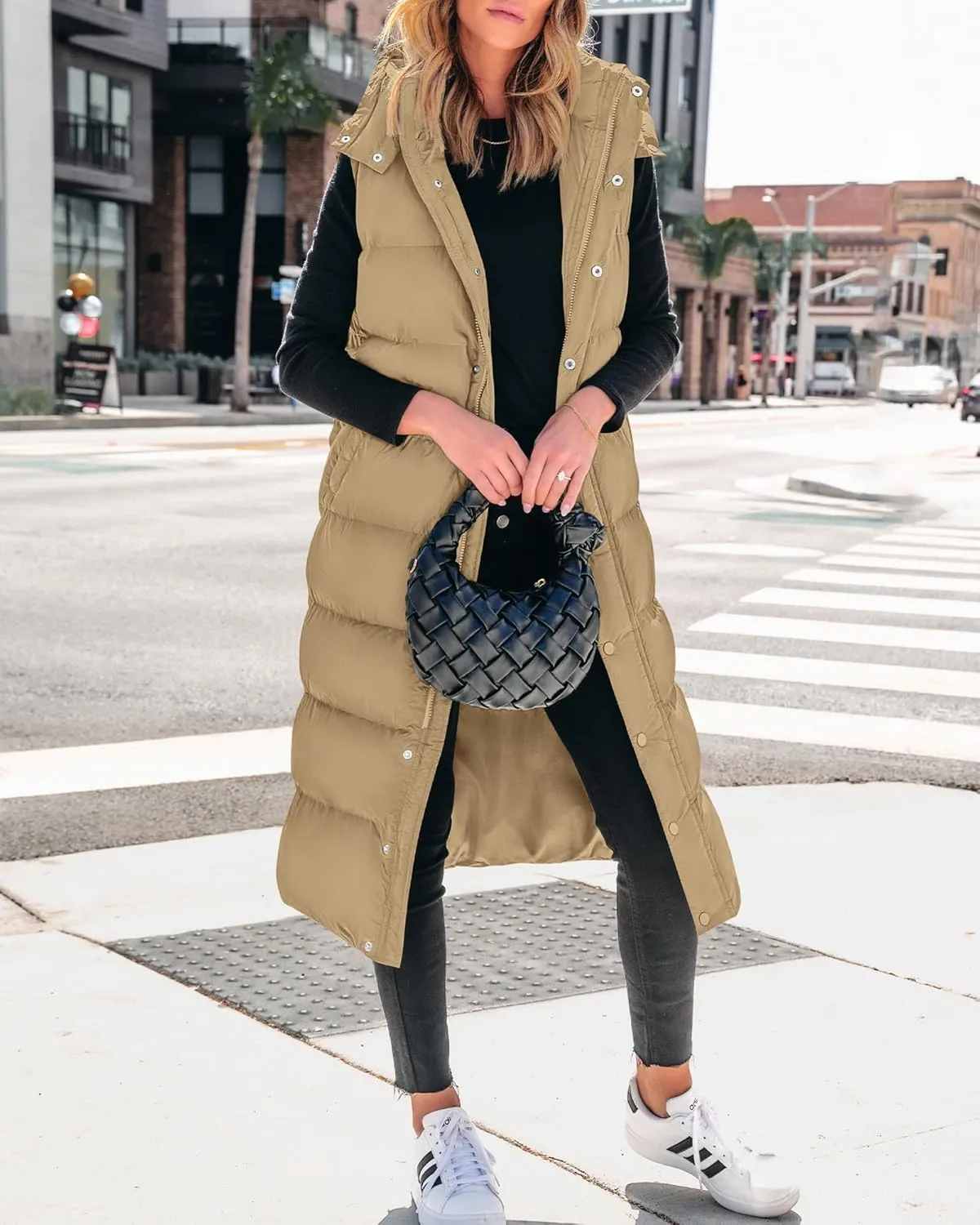 BTFBM Long Puffer Vest Women Quilted Hooded Button Down Zip Up Sleeveless Vests Outerwear Padded Jacket Fall Winter Coat