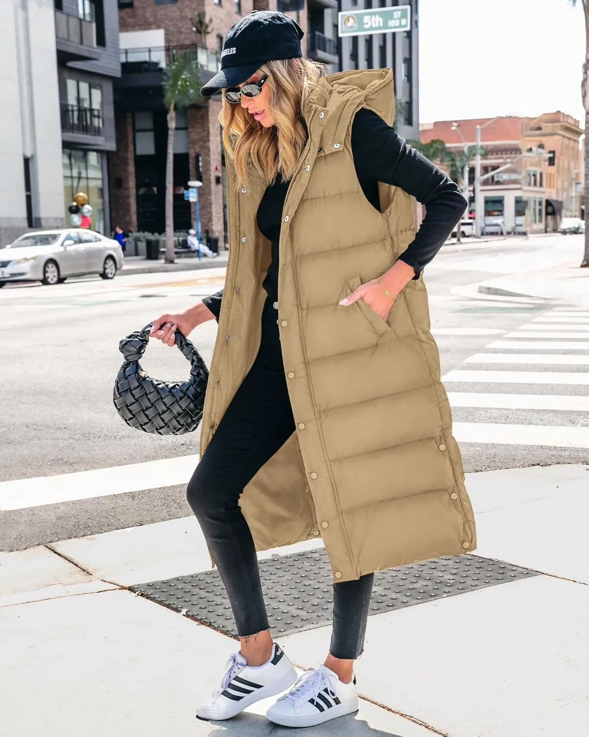 BTFBM Long Puffer Vest Women Quilted Hooded Button Down Zip Up Sleeveless Vests Outerwear Padded Jacket Fall Winter Coat