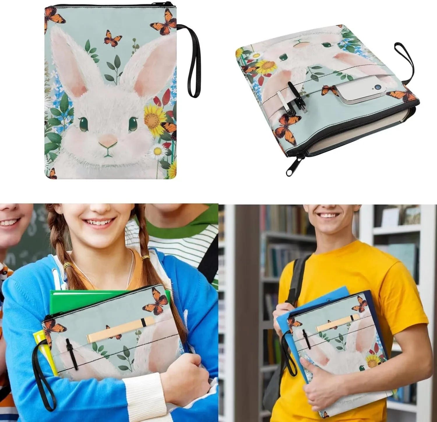 Bunny Backpacks with Lunch Box for Girls Butterfly Print Multi-Functional Insulated Lunch Bag with Containers and Cute Pencil Case for Junior Middle School