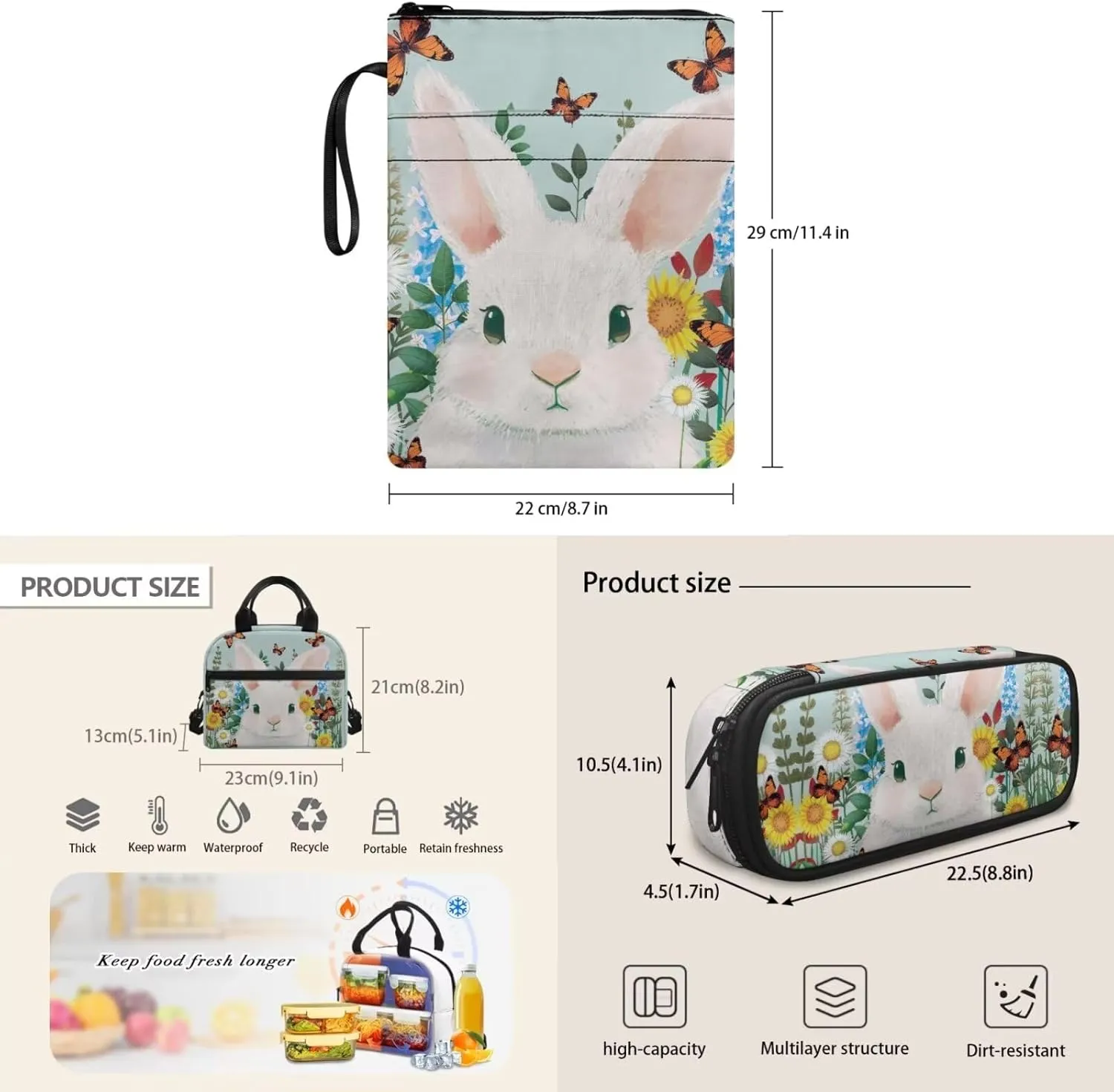 Bunny Backpacks with Lunch Box for Girls Butterfly Print Multi-Functional Insulated Lunch Bag with Containers and Cute Pencil Case for Junior Middle School