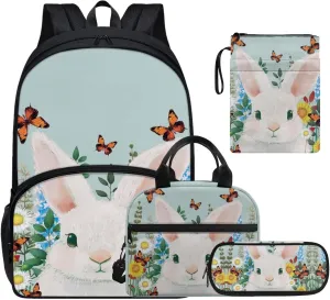 Bunny Backpacks with Lunch Box for Girls Butterfly Print Multi-Functional Insulated Lunch Bag with Containers and Cute Pencil Case for Junior Middle School