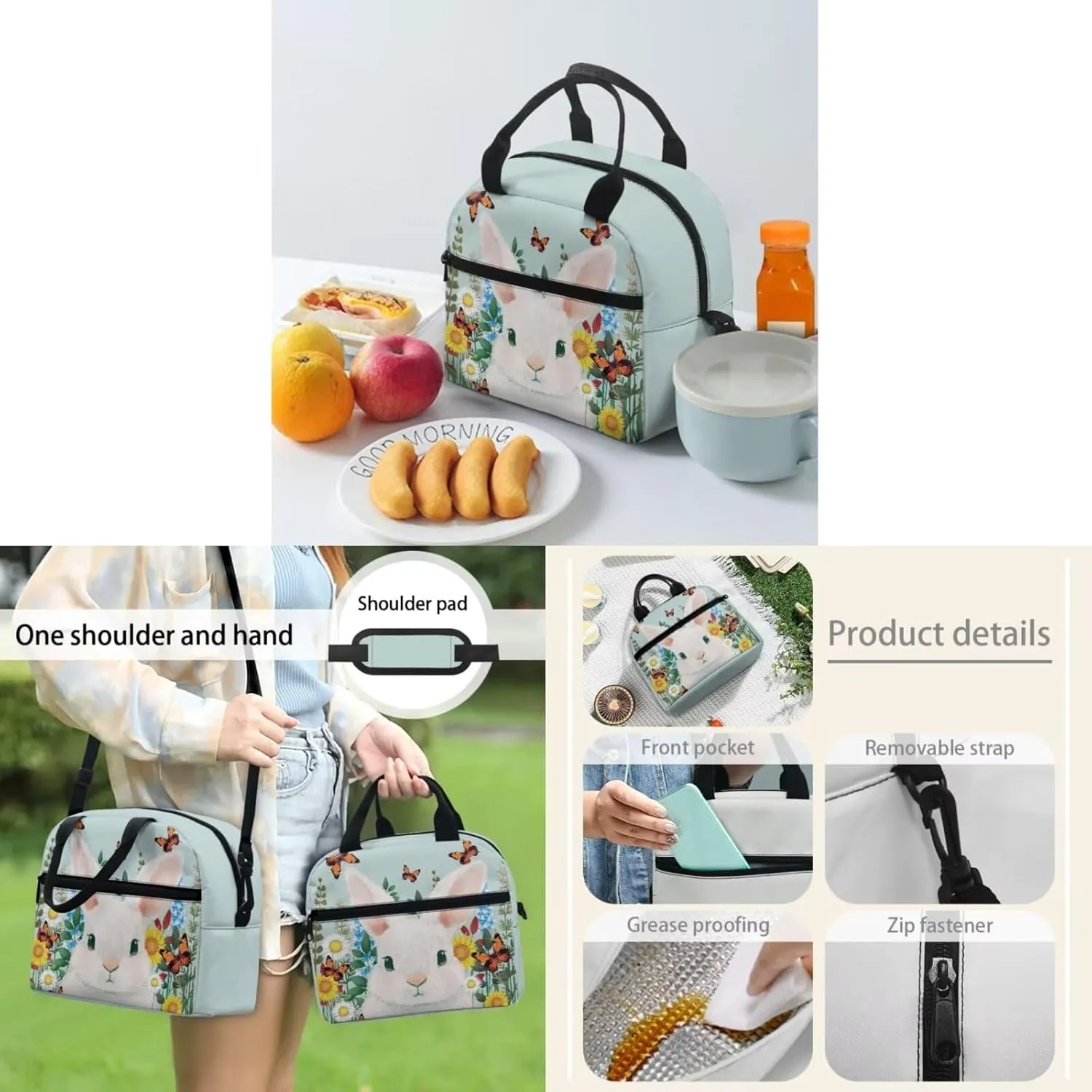Bunny Backpacks with Lunch Box for Girls Butterfly Print Multi-Functional Insulated Lunch Bag with Containers and Cute Pencil Case for Junior Middle School