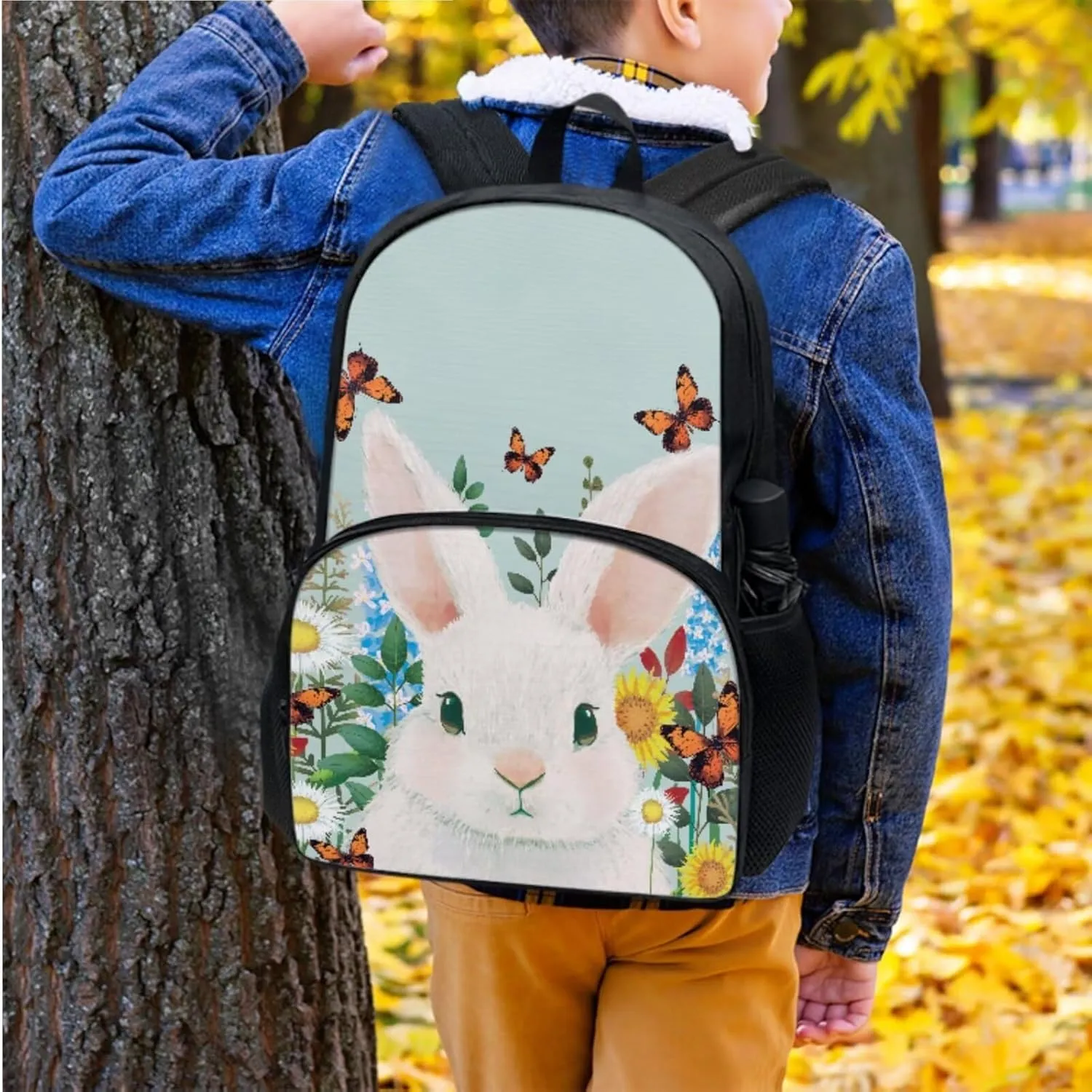 Bunny Backpacks with Lunch Box for Girls Butterfly Print Multi-Functional Insulated Lunch Bag with Containers and Cute Pencil Case for Junior Middle School