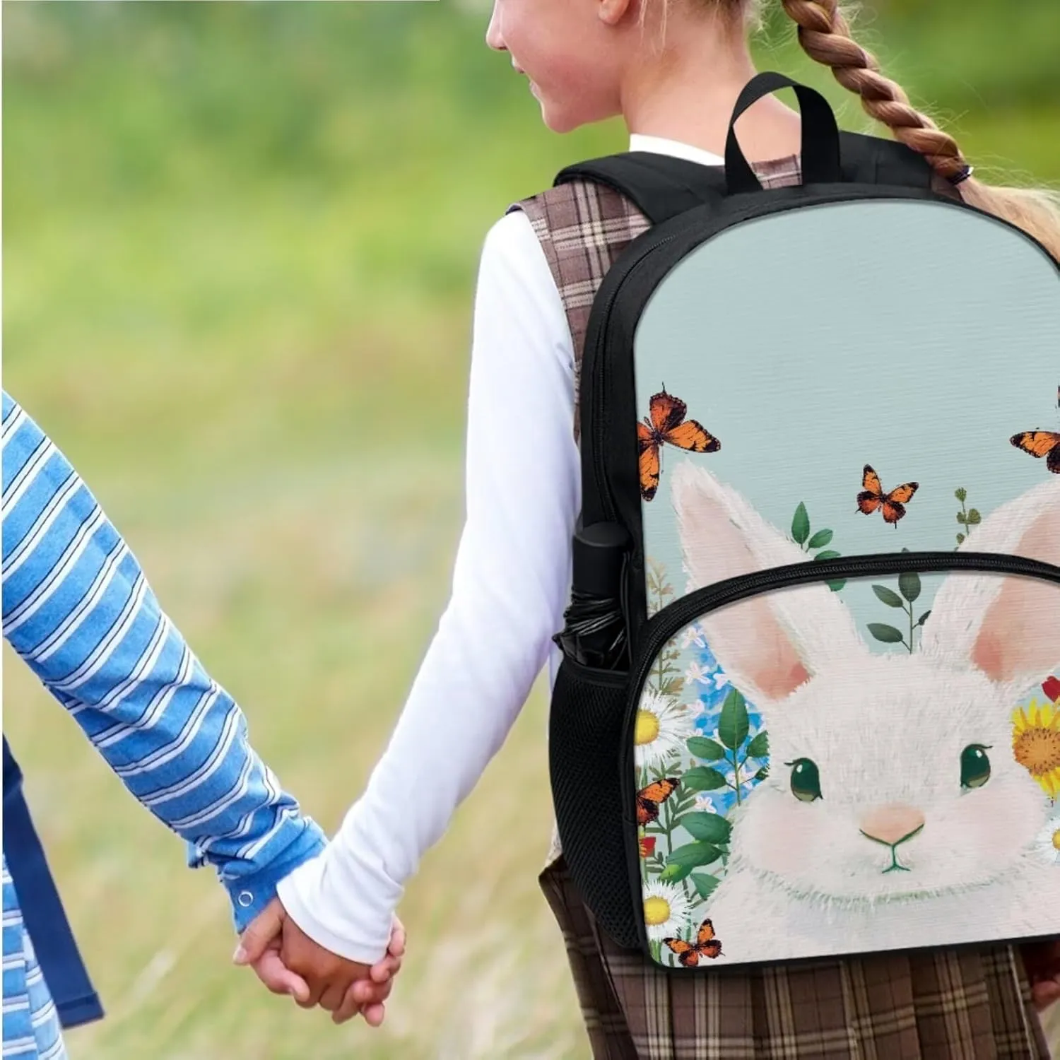Bunny Backpacks with Lunch Box for Girls Butterfly Print Multi-Functional Insulated Lunch Bag with Containers and Cute Pencil Case for Junior Middle School