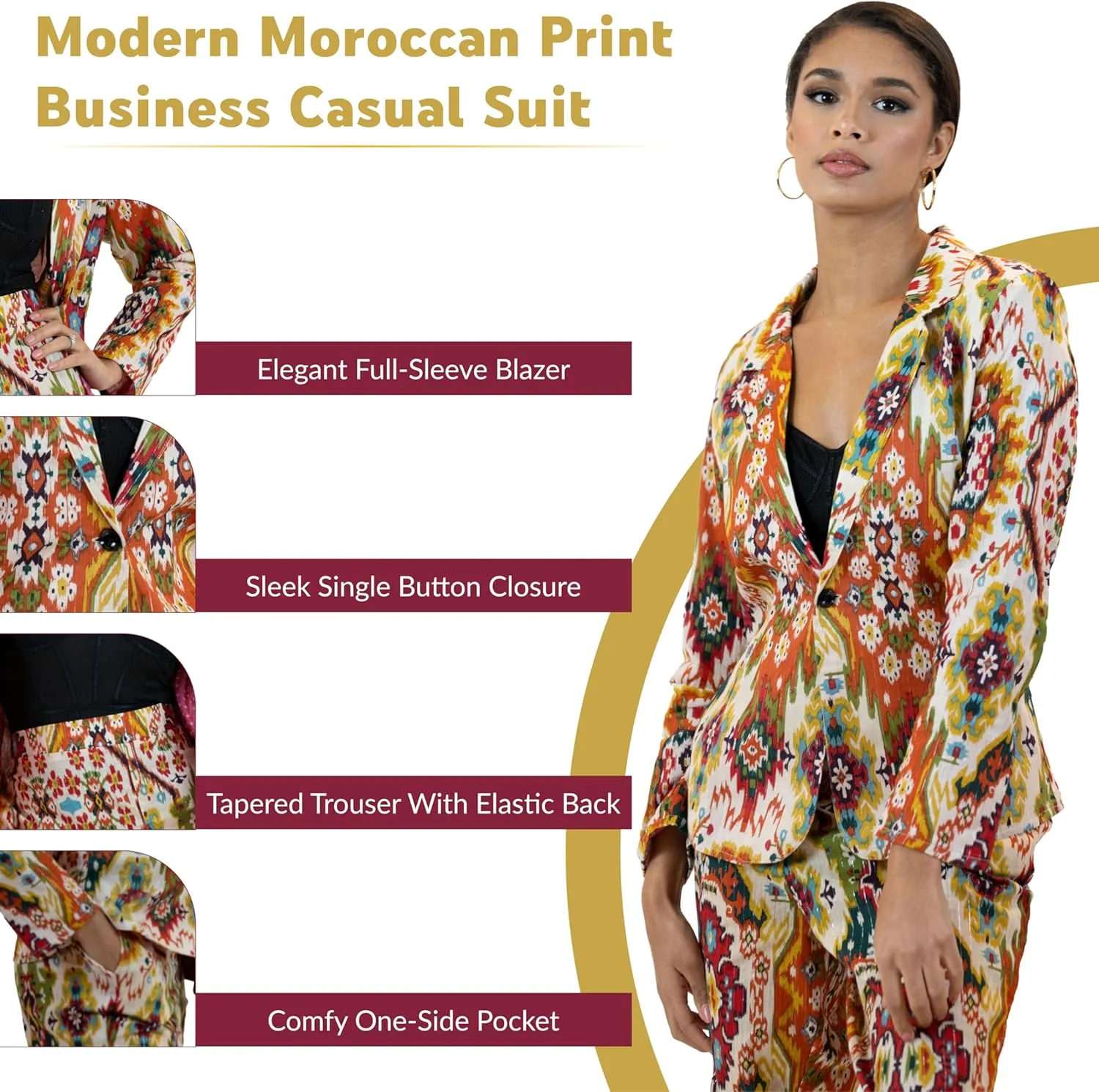 Business Casual Colorful Blazers & Pant Suits for Women Dressy with Pocket - Moroccan Print Women's Suits