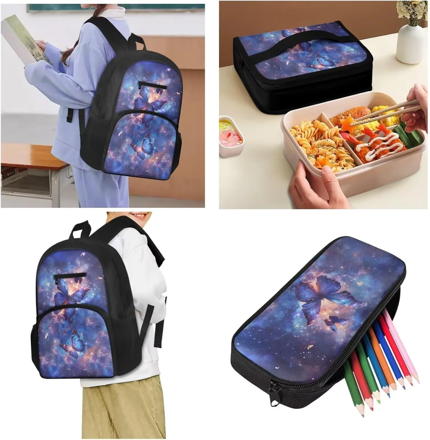 Butterfly Backpack Set for Girls 8-12 Galaxy Print Kids Backpack Multi-functional Waterproof Rucksack Leakproof Lunch Box with Mini Pencil Case 3pcs