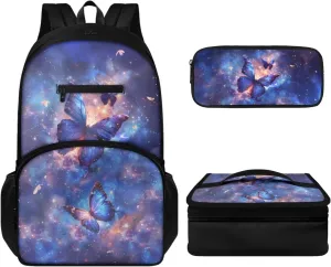Butterfly Backpack Set for Girls 8-12 Galaxy Print Kids Backpack Multi-functional Waterproof Rucksack Leakproof Lunch Box with Mini Pencil Case 3pcs