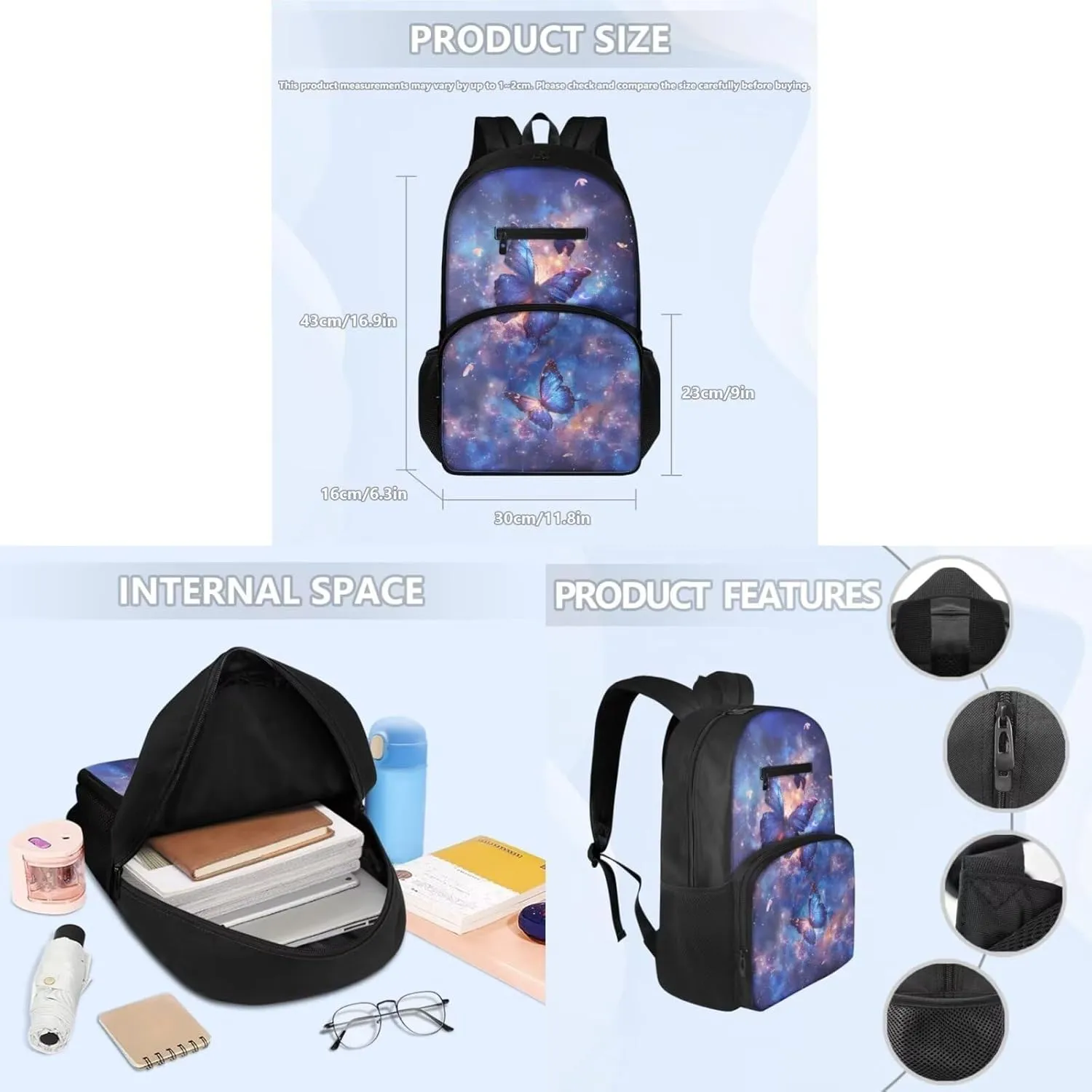 Butterfly Backpack Set for Girls 8-12 Galaxy Print Kids Backpack Multi-functional Waterproof Rucksack Leakproof Lunch Box with Mini Pencil Case 3pcs