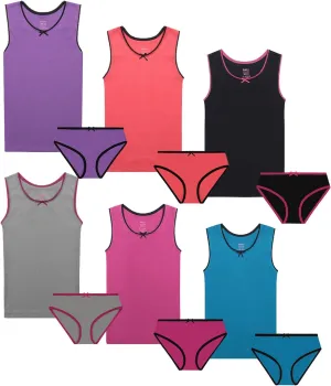 Buyless Fashion Girls Underwear Set - Tagless Cami Tank Matching Panties - Soft Cotton w/Colored Trim, Toddler - Teen Size