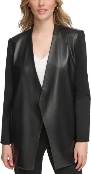 Calvin Klein Womens Faux Leather Trim Faux Leather Open-Front Blazer Black 12
