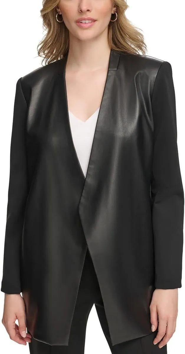 Calvin Klein Womens Faux Leather Trim Faux Leather Open-Front Blazer Black 12