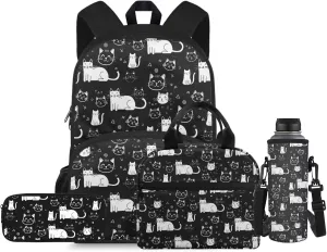 Cat 4Pc Backpack Set for Boys Multi-Functional Adjustable Straps Crossbody School Bag Recycle Food Bag with Water Bottle Cover for Climbing School
