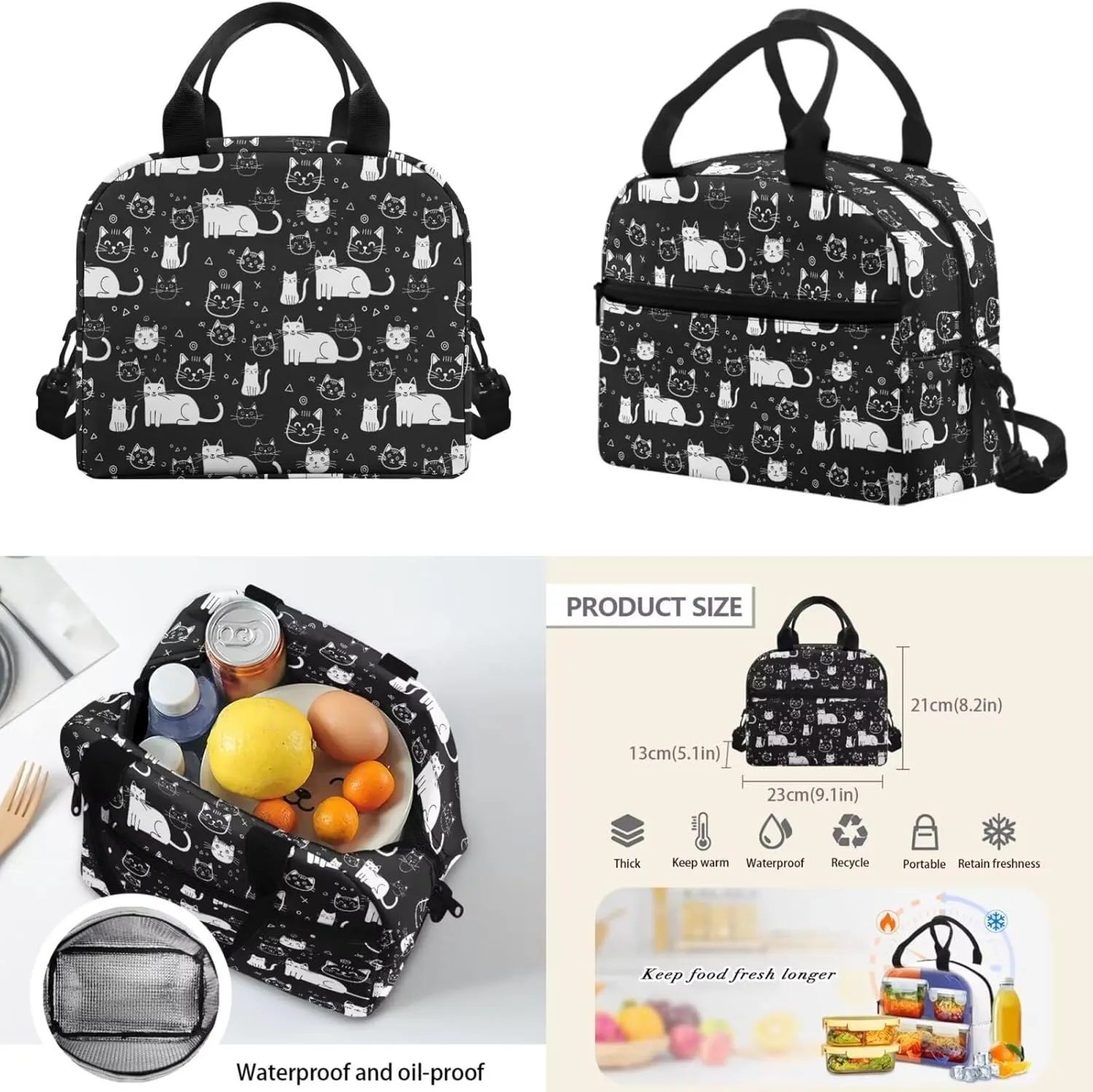 Cat 4Pc Backpack Set for Boys Multi-Functional Adjustable Straps Crossbody School Bag Recycle Food Bag with Water Bottle Cover for Climbing School