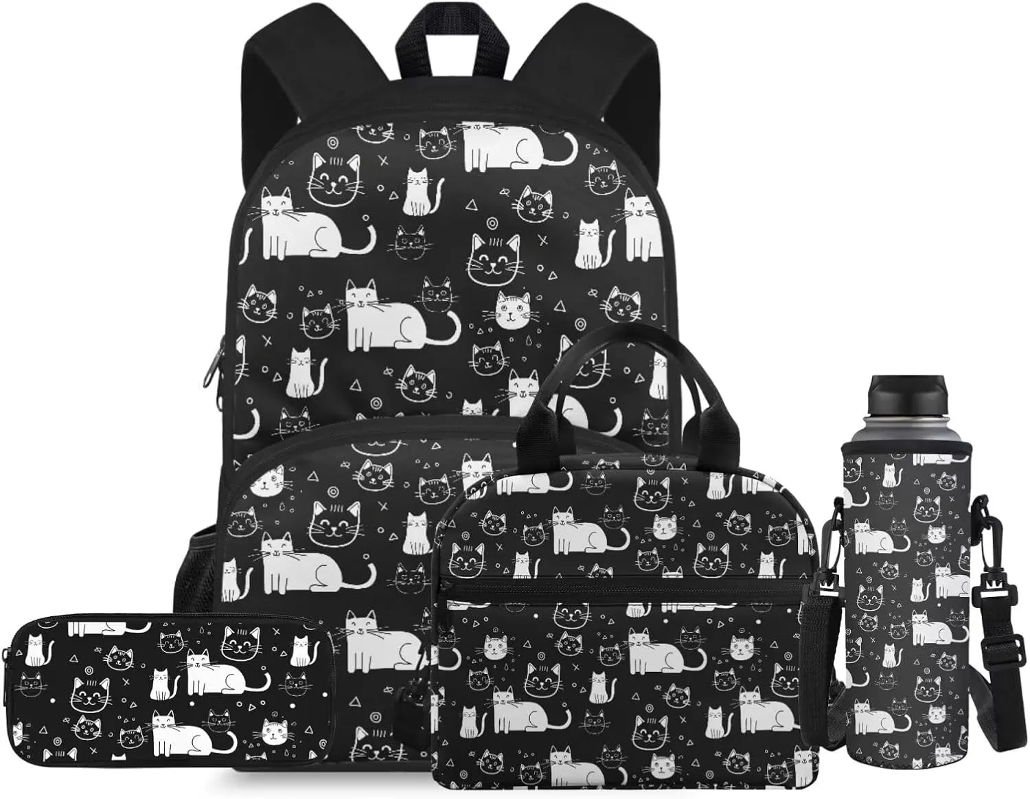 Cat 4Pc Backpack Set for Boys Multi-Functional Adjustable Straps Crossbody School Bag Recycle Food Bag with Water Bottle Cover for Climbing School