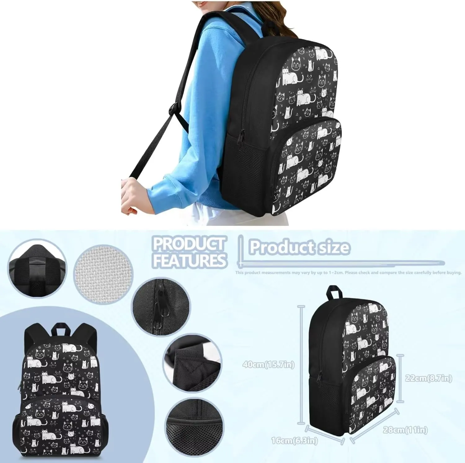Cat 4Pc Backpack Set for Boys Multi-Functional Adjustable Straps Crossbody School Bag Recycle Food Bag with Water Bottle Cover for Climbing School