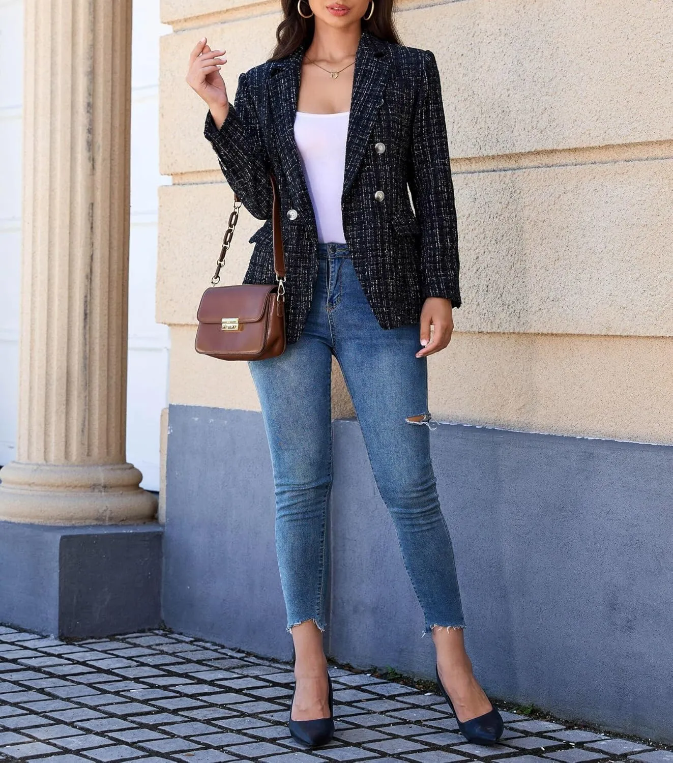 CCTOO Womens Tweed Blazers Casual Jackets Long Sleeve Oversized Open Front Plaid Blazer Jackets Work Suits with Pockets