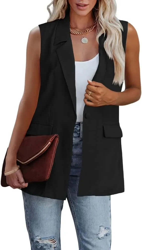 Cicy Bell Women's Sleeveless Blazer Vest Casual Open Front Single Button Summer Jacket with Pockets