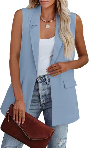 Cicy Bell Women's Sleeveless Blazer Vest Casual Open Front Single Button Summer Jacket with Pockets